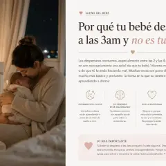 Madre abraza a su bebé para dormir. El texto explica por qué los bebés despiertan por la noche.