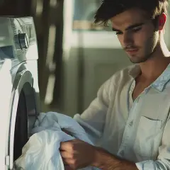 Joven cargando ropa blanca en lavadora, seleccionando el programa de centrifugado suave para cuidar las prendas.