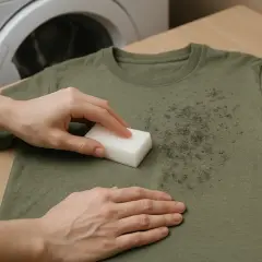 Manos frotando una camiseta verde con una esponja blanca para quitar manchas grises de la lavadora.