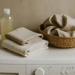 Botella de líquido para lavar lino y suavizante junto a toallas dobladas y cesta con ropa.