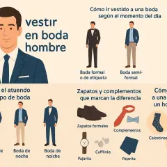 Guía visual para saber cómo vestir para una boda hombre invitado, con opciones para bodas de día, noche, formales y casuales, además de complementos.