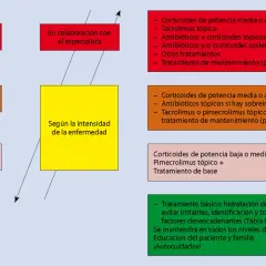 Diagrama de tratamiento para la dermatitis atópica, clasificando según gravedad y ofreciendo opciones terapéuticas.