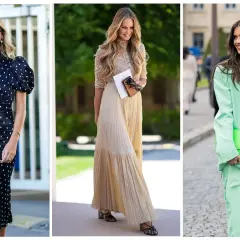Tres mujeres lucen elegantes: un vestido de lunares, un traje verde menta y un vestido largo beige. Ideas para un outfit bautizo.