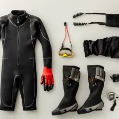 Traje de buceo de neopreno negro con guantes rojos, máscara, botas y accesorios. El neopreno es un material sintético ideal para proteger del frío.
