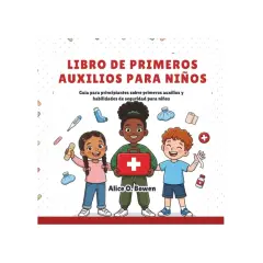 Ilustración de un libro sobre **primeros auxilios para niños**. Tres niños sonríen, uno con un botiquín rojo.