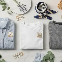 Ropa doblada, incluyendo una camisa azul, camiseta blanca y suéter gris, con símbolos de lavado y una botella de detergente ecológico. La tela de alpaca se cuida con estos símbolos.