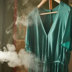 Vestido verde de rayon viscosa colgado en percha, vaporizado para eliminar arrugas.