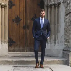 Hombre con traje azul marino, camisa blanca y corbata a cuadros, listo para saber qué hay que llevar a la iglesia para un bautizo.