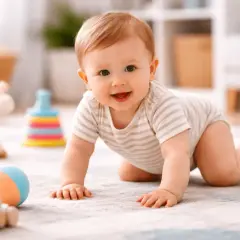Un bebé sonriente gatea sobre una alfombra, rodeado de juguetes como un jirafa, una torre de aros y una pelota.