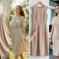 Vestidos elegantes de poliéster y viscosa. Uno en maniquí, otro en exterior, uno colgado y otro en oficina.
