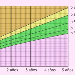 Gráfica de percentil niños 2 a 20 años, muestra peso vs edad. Zonas: bajo peso, normal, riesgo de sobrepeso y sobrepeso.