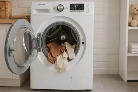 Lavadora Samsung con ropa de bebé lista para lavar. La puerta abierta muestra varios bodies de algodón en tonos tierra y pastel.