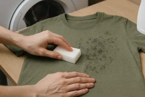 Manos frotando una camiseta verde con una esponja blanca para quitar manchas grises de la lavadora.