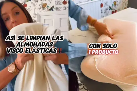 Demostración de cómo limpiar almohadas viscoelasticas. Se muestra cómo se pueden lavar fácilmente con un solo producto.