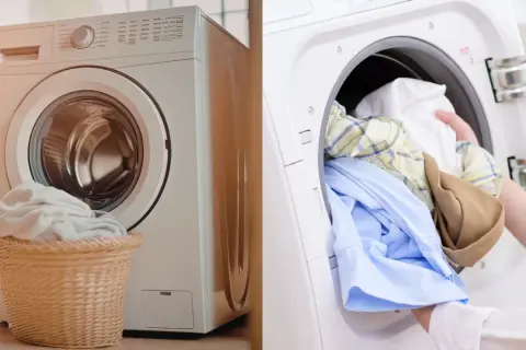 Lavadora con poca ropa en la cesta. Es malo poner la lavadora con poca ropa, desperdicia agua y energía.