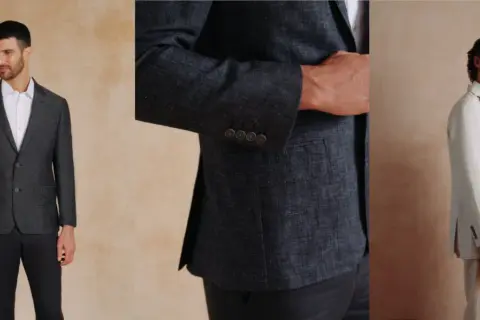 Tres hombres con trajes de lino, ideal para saber como ir a un bautizo informal hombre verano.