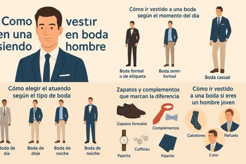 Guía visual para saber cómo vestir para una boda hombre invitado, con opciones para bodas de día, noche, formales y casuales, además de complementos.