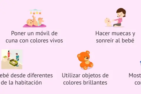Ideas para estimular a un bebé cuando empieza a ver: móvil de cuna, sonrisas, objetos brillantes, cuentos.