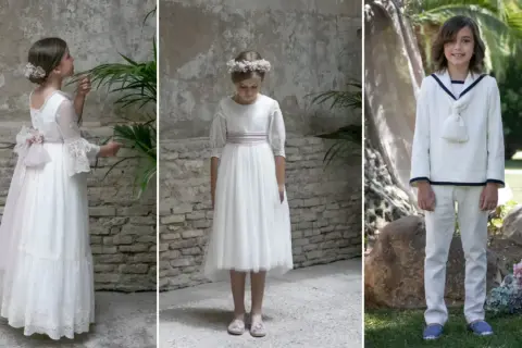 Niños y niñas con trajes blancos, perfectos para ir de blanco a una comunión.