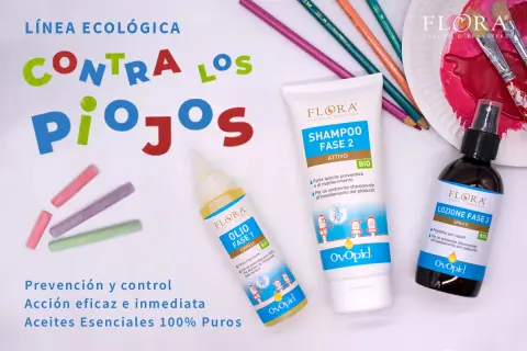 Línea ecológica para el tratamiento piojos niños: shampoo, aceite y spray. Prevención y control eficaz con aceites esenciales 100% puros.