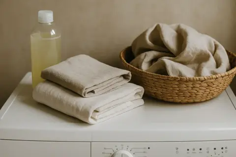 Botella de jabón líquido y ropa de lino doblada y en una cesta. El lino se arruga, pero su textura natural es encantadora.