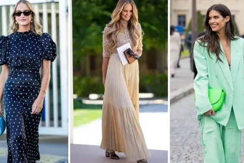 Tres mujeres lucen elegantes: un vestido de lunares, un traje verde menta y un vestido largo beige. Ideas para un outfit bautizo.