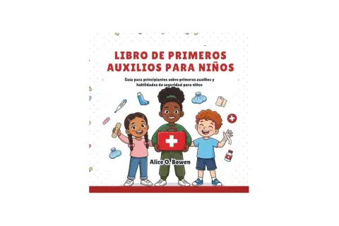 Ilustración de un libro sobre **primeros auxilios para niños**. Tres niños sonríen, uno con un botiquín rojo.