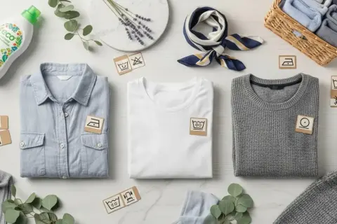 Ropa doblada, incluyendo una camisa azul, camiseta blanca y suéter gris, con símbolos de lavado y una botella de detergente ecológico. La tela de alpaca se cuida con estos símbolos.