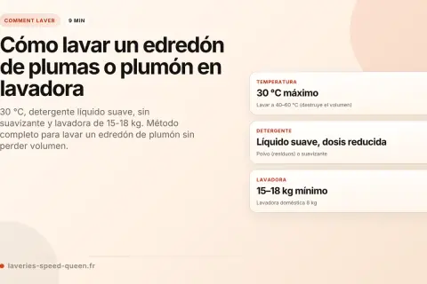 Guía para lavar edredón de plumas: 30°C, detergente líquido suave, sin suavizante y lavadora de 15-18 kg.
