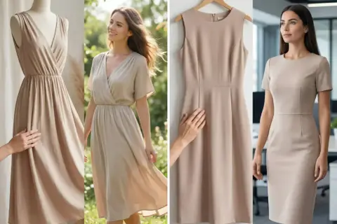 Vestidos elegantes de poliéster y viscosa. Uno en maniquí, otro en exterior, uno colgado y otro en oficina.