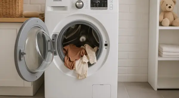 Lavadora Samsung con ropa de bebé lista para lavar. La puerta abierta muestra varios bodies de algodón en tonos tierra y pastel.