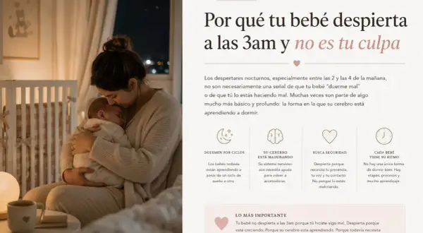 Madre abraza a su bebé para dormir. El texto explica por qué los bebés despiertan por la noche.