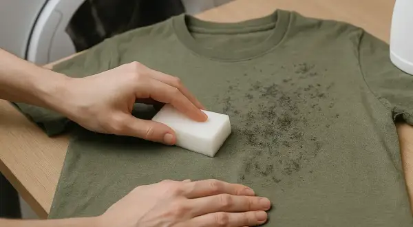 Manos frotando una camiseta verde con una esponja blanca para quitar manchas grises de la lavadora.