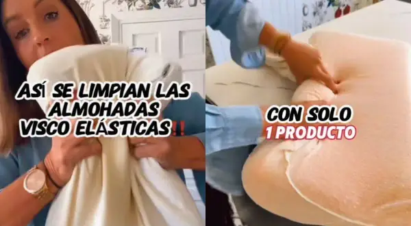 Demostración de cómo limpiar almohadas viscoelasticas. Se muestra cómo se pueden lavar fácilmente con un solo producto.