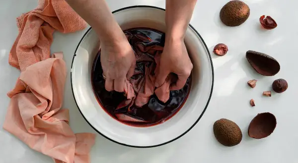 Manos sumergiendo tela en tinte oscuro para aprender como teñir ropa a mano. Cáscaras de aguacate alrededor.