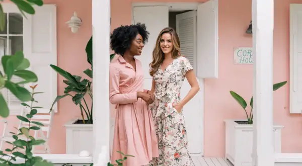 Dos mujeres posan frente a una casa rosa. Una lleva un vestido rosa liso, la otra uno floral. Ideas para como ir a una boda informal mujer.