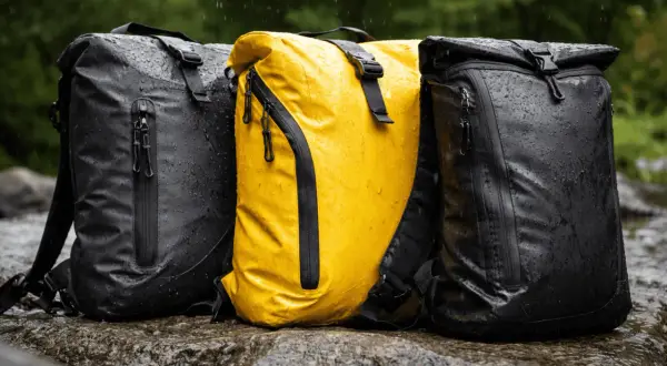 Tres mochilas, una amarilla y dos negras, con tejido impermeable Gore-Tex, mojadas por la lluvia sobre rocas.