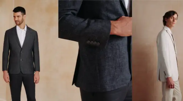 Tres hombres con trajes de lino, ideal para saber como ir a un bautizo informal hombre verano.