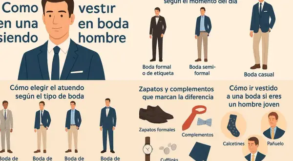 Guía visual para saber cómo vestir para una boda hombre invitado, con opciones para bodas de día, noche, formales y casuales, además de complementos.