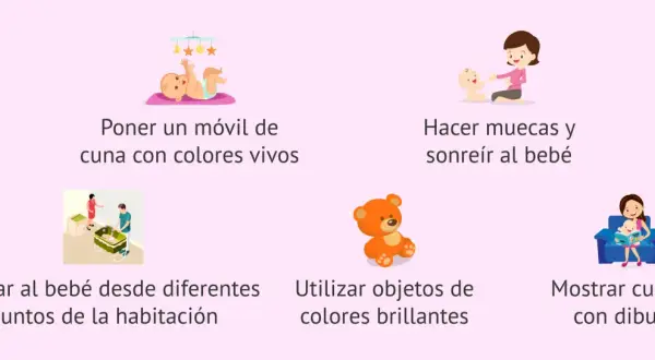 Ideas para estimular a un bebé cuando empieza a ver: móvil de cuna, sonrisas, objetos brillantes, cuentos.