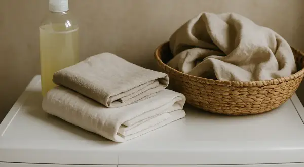 Botella de jabón líquido y ropa de lino doblada y en una cesta. El lino se arruga, pero su textura natural es encantadora.