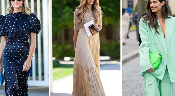 Tres mujeres lucen elegantes: un vestido de lunares, un traje verde menta y un vestido largo beige. Ideas para un outfit bautizo.