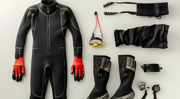 Traje de buceo de neopreno negro con guantes rojos, máscara, botas y accesorios. El neopreno es un material sintético ideal para proteger del frío.
