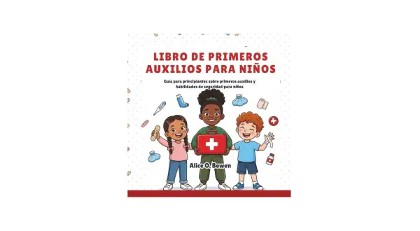 Ilustración de un libro sobre **primeros auxilios para niños**. Tres niños sonríen, uno con un botiquín rojo.