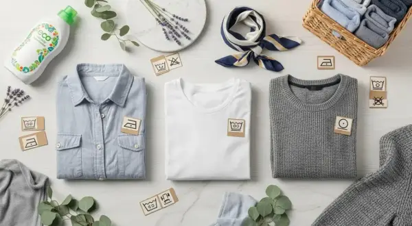 Ropa doblada, incluyendo una camisa azul, camiseta blanca y suéter gris, con símbolos de lavado y una botella de detergente ecológico. La tela de alpaca se cuida con estos símbolos.