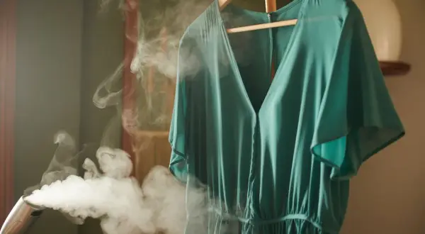 Vestido verde de rayon viscosa colgado en percha, vaporizado para eliminar arrugas.