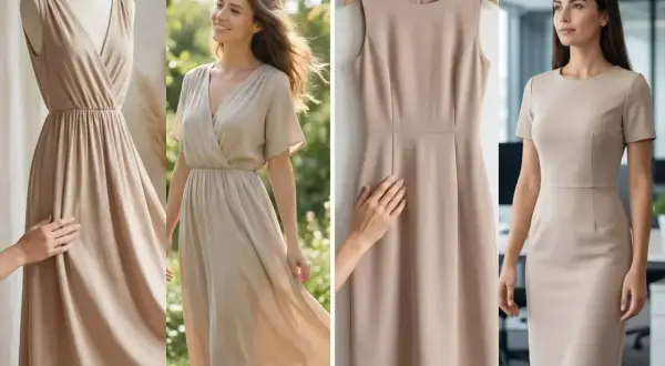 Vestidos elegantes de poliéster y viscosa. Uno en maniquí, otro en exterior, uno colgado y otro en oficina.