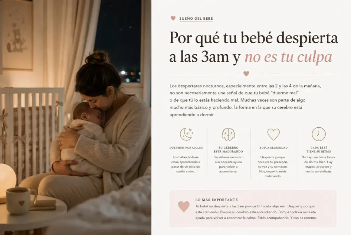 Madre abraza a su bebé para dormir. El texto explica por qué los bebés despiertan por la noche.