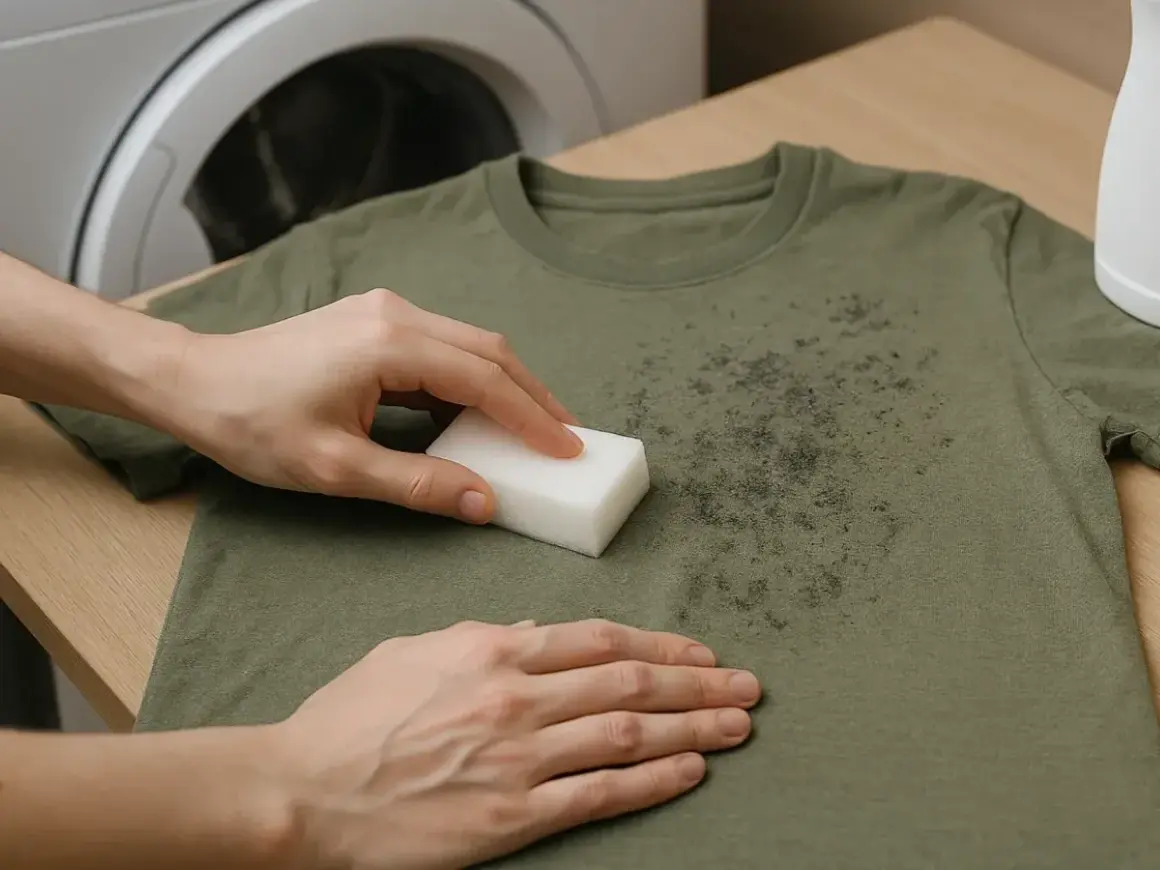 Manos frotando una camiseta verde con una esponja blanca para quitar manchas grises de la lavadora.