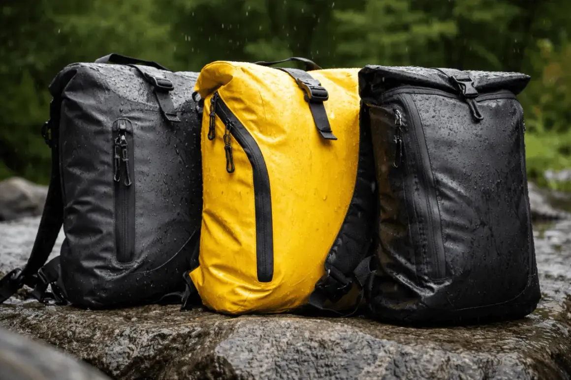 Tres mochilas, una amarilla y dos negras, con tejido impermeable Gore-Tex, mojadas por la lluvia sobre rocas.